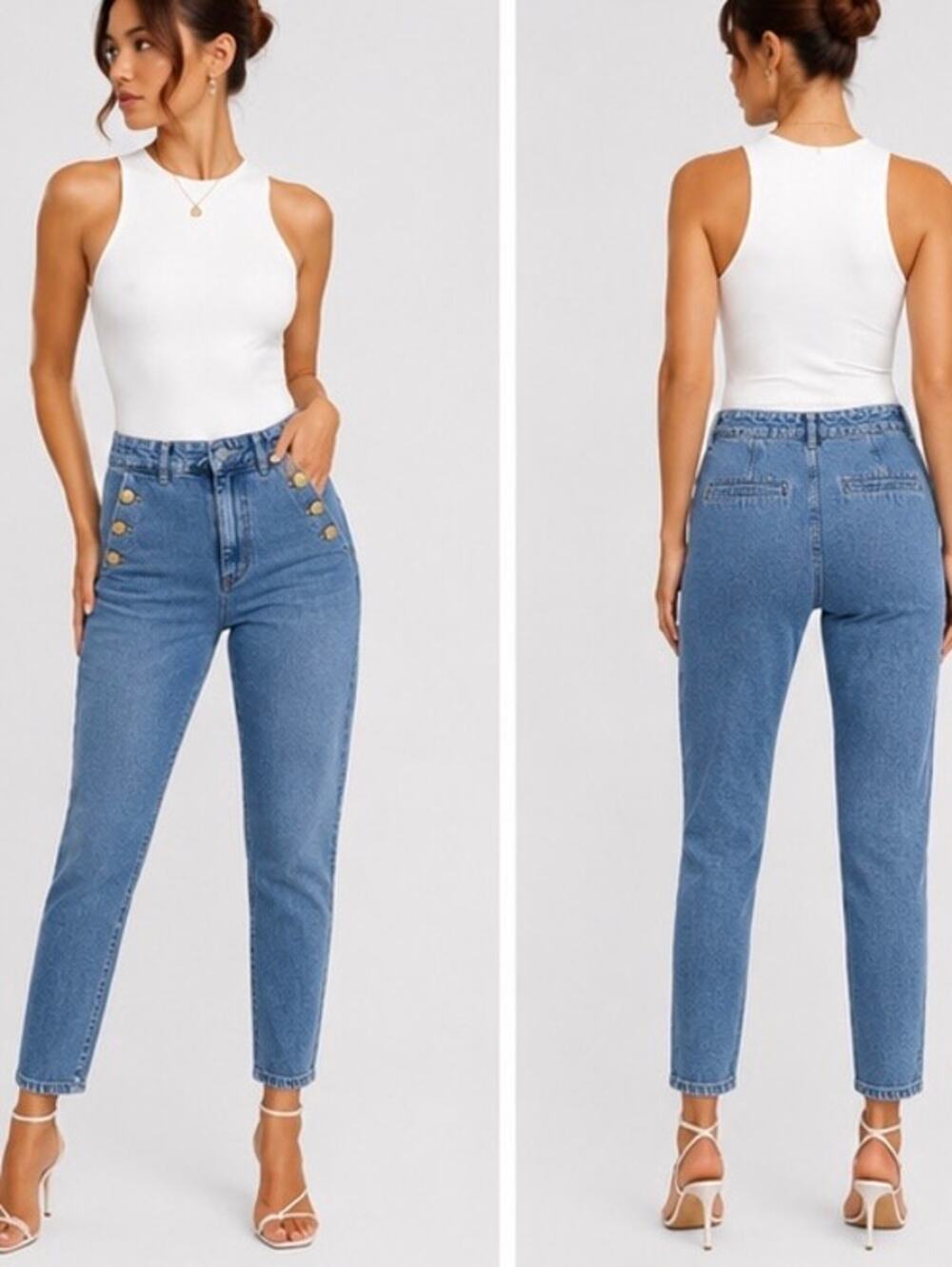 Zara High Rise Sailor Jeans Gold Button Straight Leg Crop Size Large
